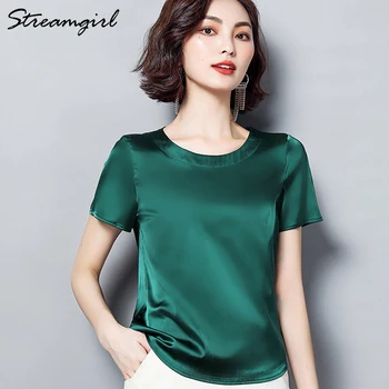 Streamgirl Imitation Silk Blouse Short Sleeve Satin Blouse Women Summer Ladies Office Blouses Womens Tops And Blouses Plus Size 1