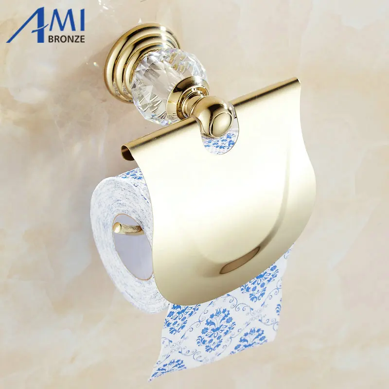 

61 Crystal Series Golden Polish Brass With Crystal Paper Holders Wall Mounted Bathroom Accessories Hardwares Paper Rack Shelf
