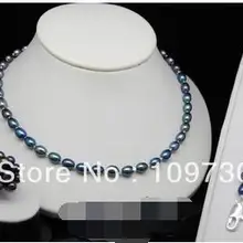 Настоящий культивированный 5,5-6 мм AAA+ черный жемчуг комплект ювелирных изделий