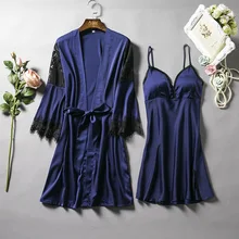 Сексуальная Женская пижама 2 шт. кружевная отделка нижнее белье Неглиже осень Новое Женское кимоно Банный халат из искусственного шелка Атласный халат Набор Ночная рубашка
