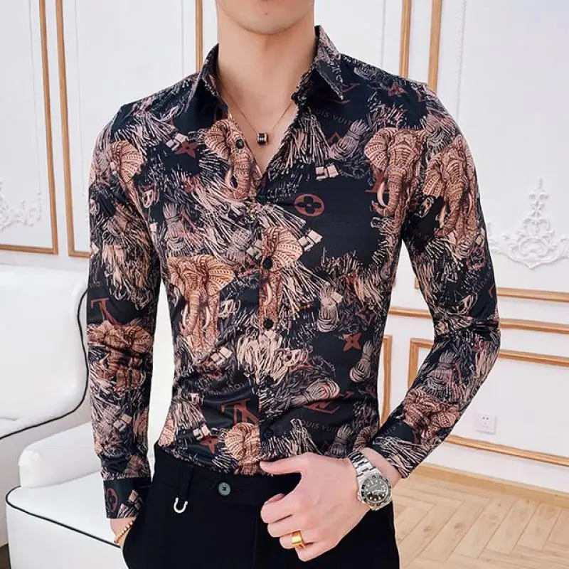 Новая мужская рубашка Camisa Masculina роскошная мужская рубашка с длинным рукавом и принтом слона Модная тонкая Клубная одежда для Вечерние