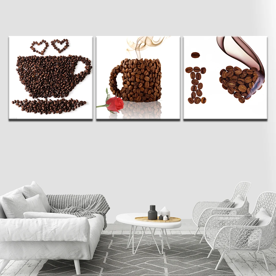 HD Canvas Print Wall Art Coffee Painting Pictures Beans Mugs 3 panel wall Poster Nordic painting Living Room Home Decor | Дом и сад