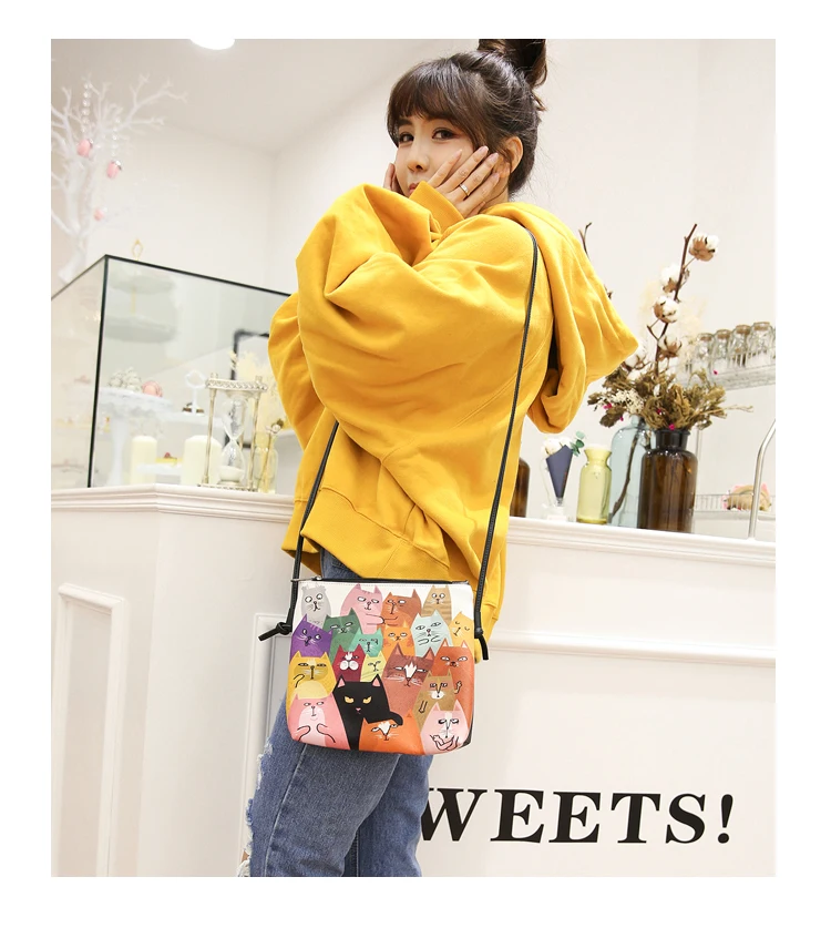 Menghuo 2017 Women Envelope Shoulder Clutch Bag Quality PU Cartoon Cat Printing Small Female Message Purse for Teenagers Girls (22)