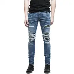 Новые модные мужские джинсовые брюки Костюмы на молнии мужские байкерские джинсы Для мужчин узкие облегающие джинсы Винтаж рваные синие