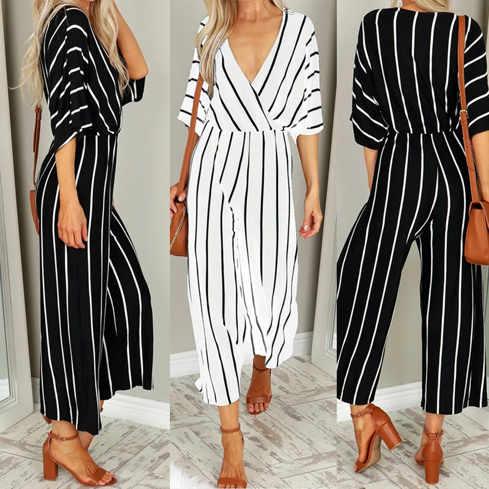 Womail ارتداءها المرأة الصيف أزياء الخامس الرقبة كم الربع الثالث مخطط فضفاض بذلة Playsuit عارضة جديد دروبشيب M7