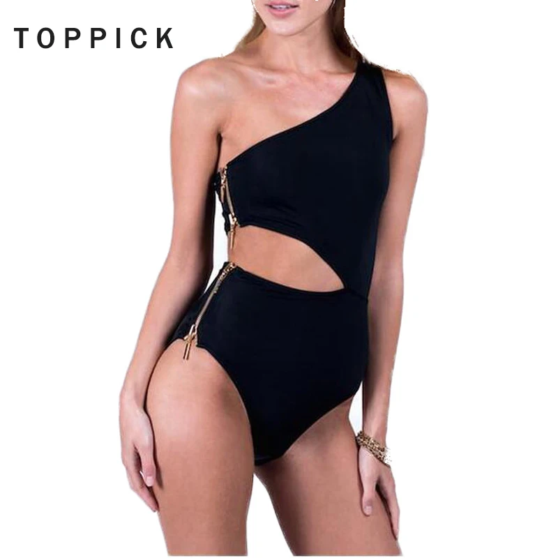 

2019 New One Piece Solid Swimsuit Sexy Zipper High Cut Out Monokini Swimwear Women Biquini One Shoulder Bathing Suit