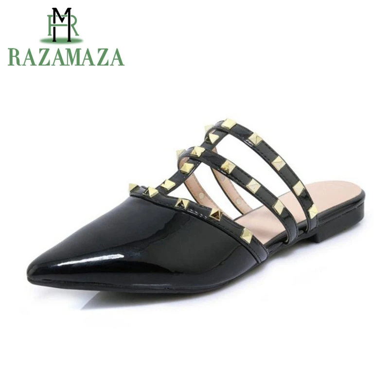 42 Club kaki Cuir Noir Vintage Taille 33 Bout Dames Razamaza Femmes Chaussures Mode Rivets Pantoufles Pointu Véritable rouge Femme En Sandales Rnq4TqU6