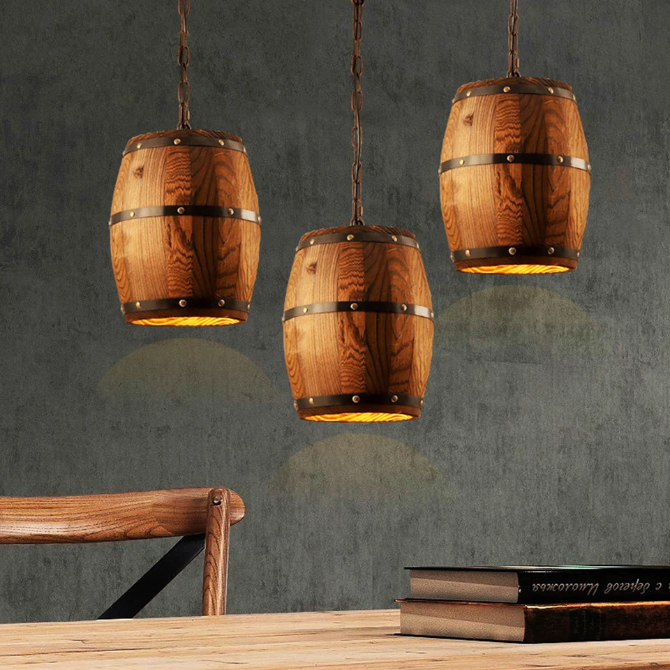  Country Wooden Barrel Pendant Lights Kitchen Island Lamp Creative E27 Lighting Fixture Art Decorati - 33021196274