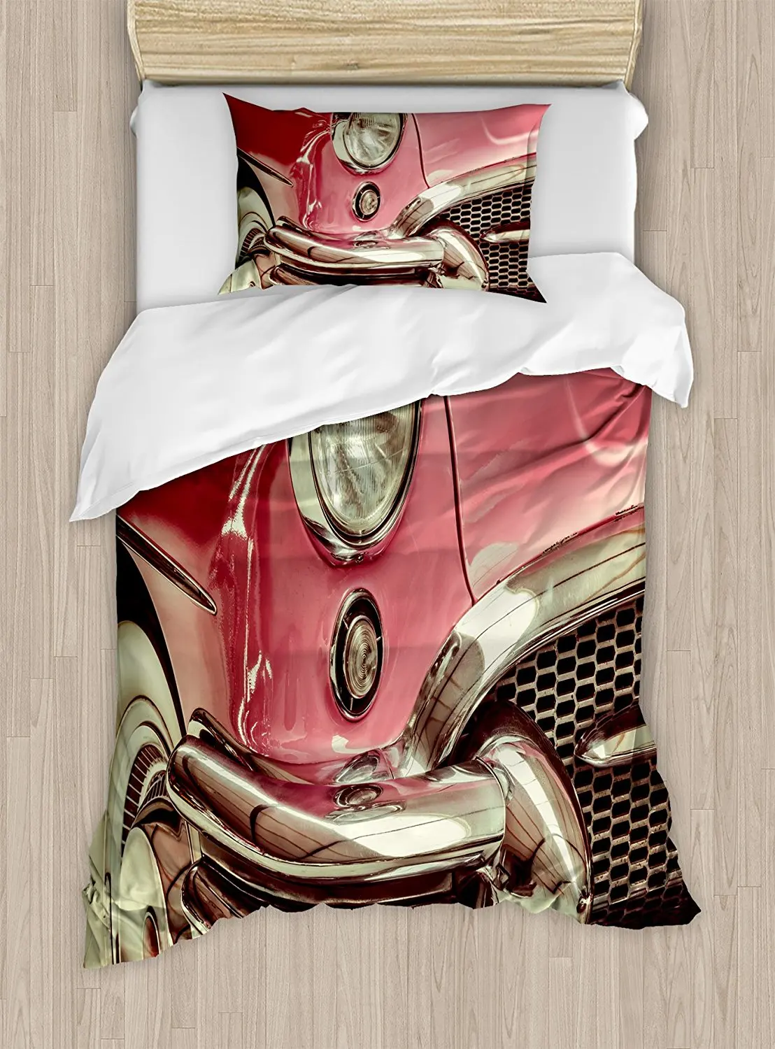 Light Pink Duvet Cover Set Classic Vintage Car with Retro Style