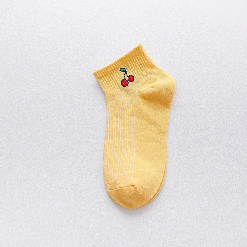 Женские носки; повседневные хлопковые корейские модные короткие тапочки с фруктами для колледжа; милые носки-башмачки с вишенками для девочек; 1 пара - Цвет: Цвет: желтый