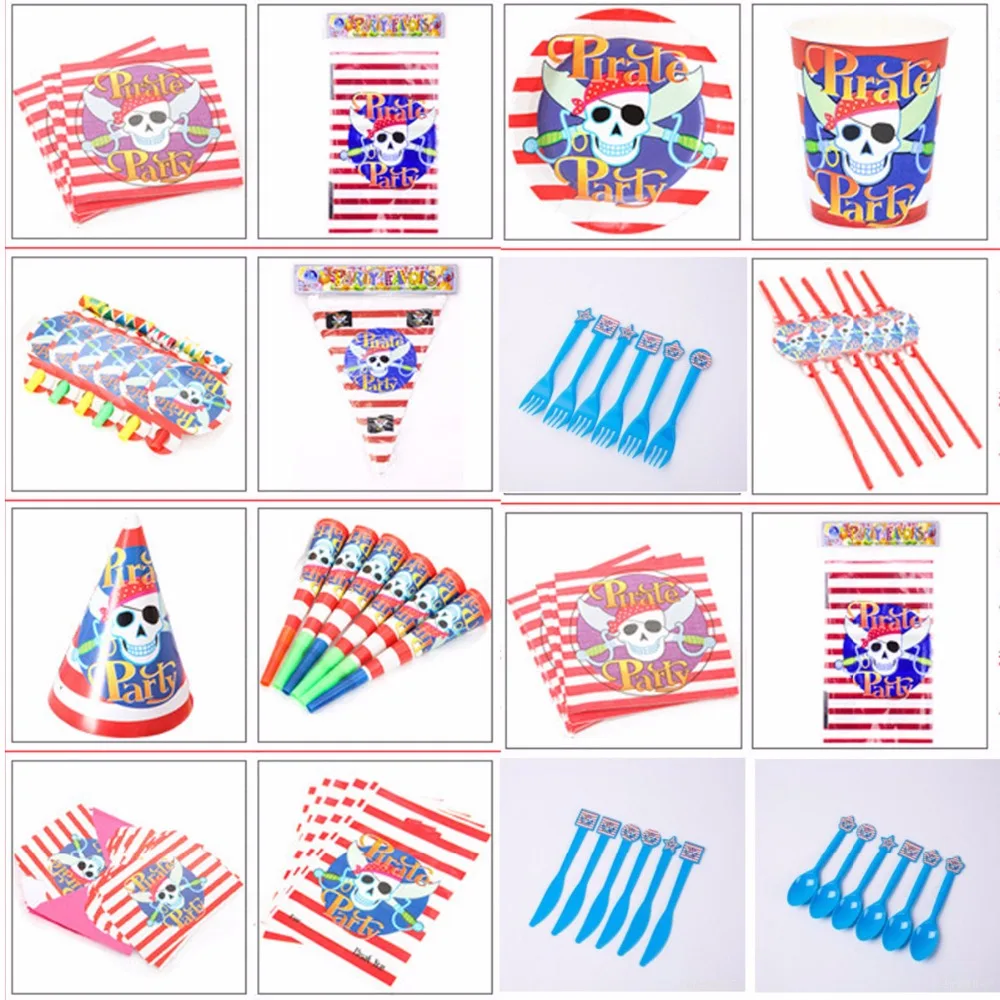 

New Red Pirate Holloween Cartoon Paper Cup Plate Napkin Flag Boy Birthday Party Festival Wedding Banners Decoration Supply