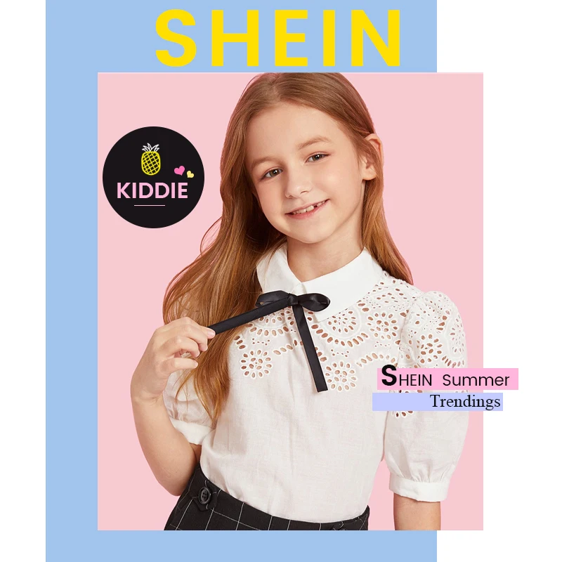 SHEIN kids/белая блузка для девочек с бантом и вырезами спереди; Элегантная блузка для девочек; одежда для детей; коллекция года; сезон лето; милые топы на молнии с пышными рукавами и контрастным кружевом