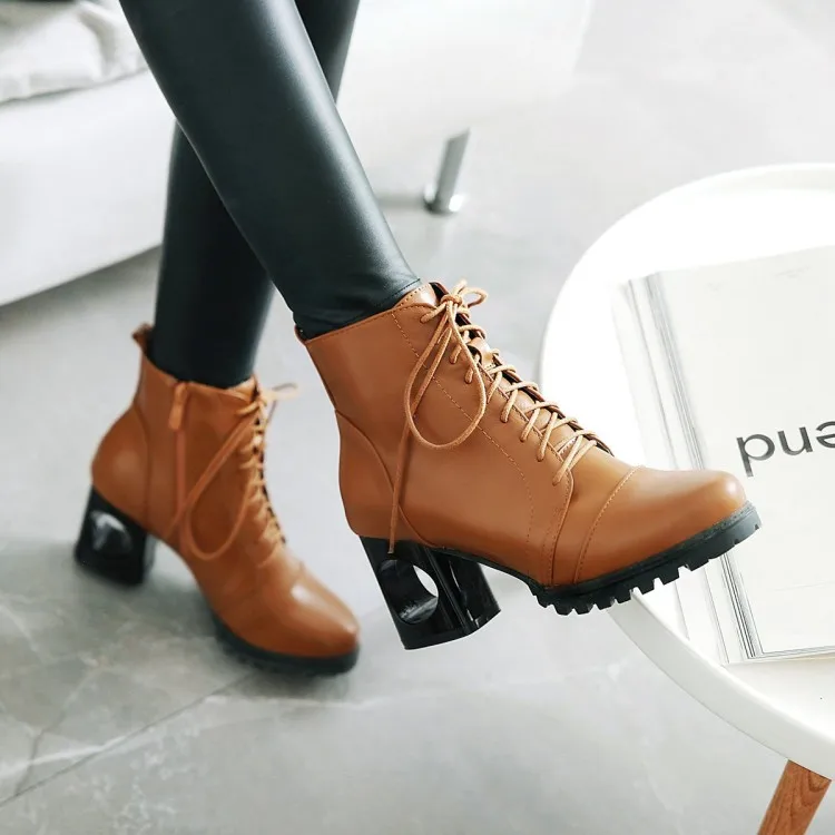 

Big Size 11 12 13 Ma'am Coarse heel Short boots Pure color Frenulum boot barrel High heel boots