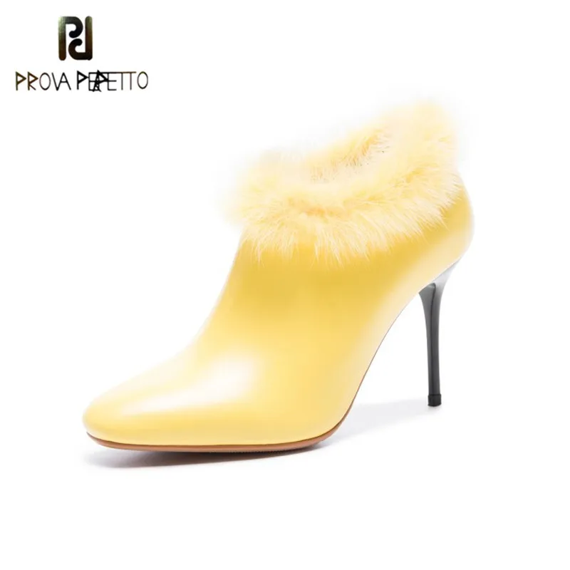 

Prova Perfetto Korean Style Beautiful with Real Fur Woman Ankle Boots White Yellow Color Pointed Toe Zipper Thin Heels Boots