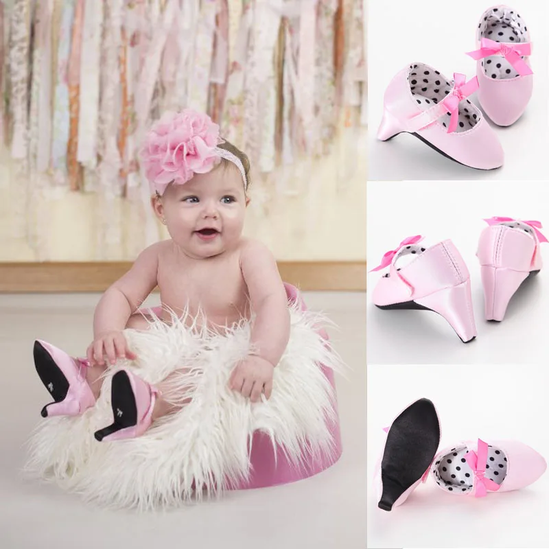 

New 2016 Hot Selling High Heels Infant Toddler Crib Babe Newborn Baby Girls Princess Bow Mary Jane Ballet Dress Shoes Photo prop