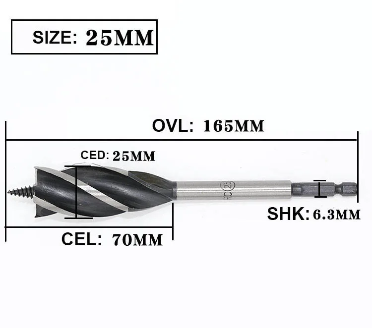 Удлиненное деревообрабатывающее сверло с глубоким отверстием, поворотное сверло с шестигранной ручкой, четыре отверстия с четырьмя лезвиями, открывалка для деревянного замка двери, 6,3 мм хвостовик
