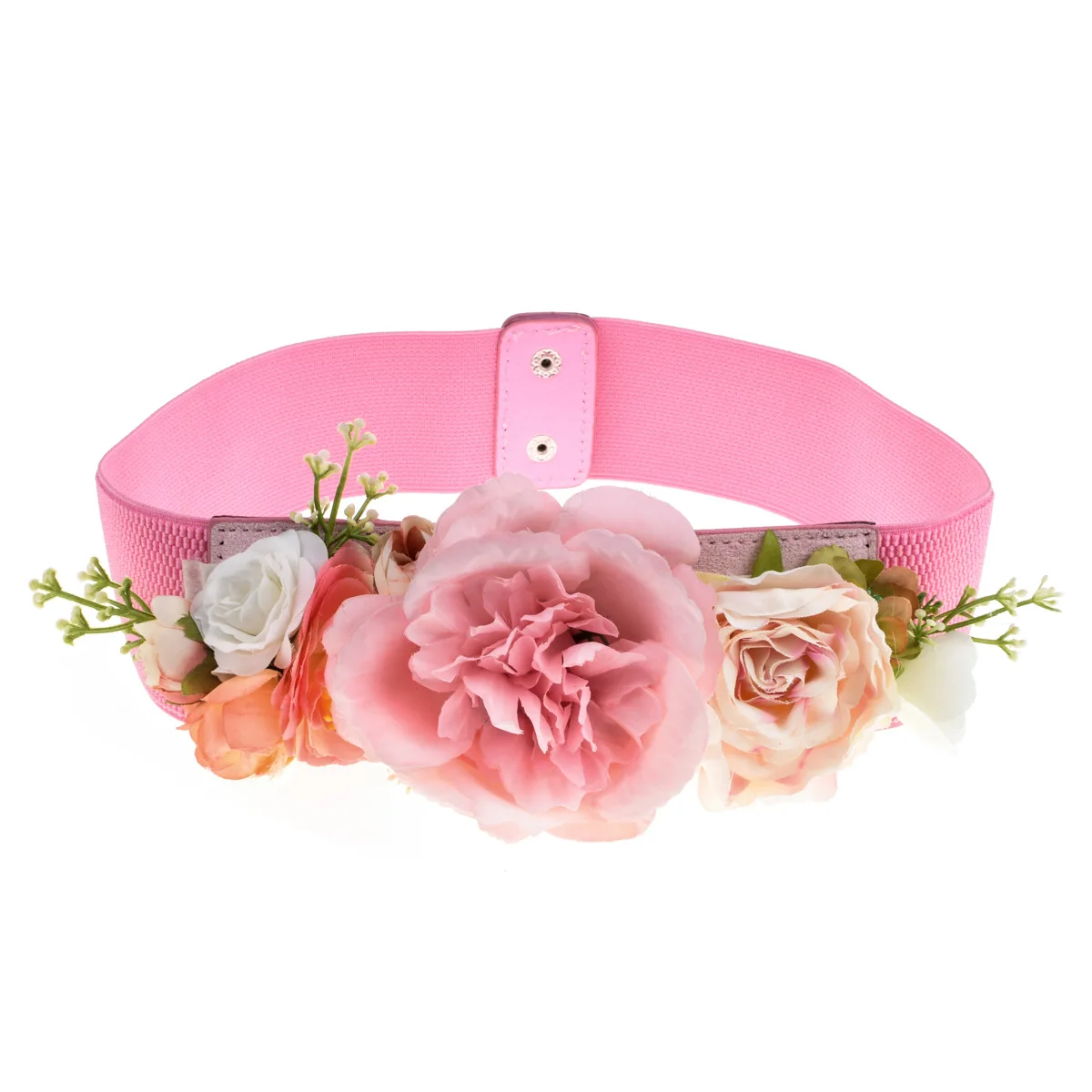 

Sweet Elegant Women Pink Flower Belt Elastic Waist Chain Wedding Buckle Waistband Boho Floral Belt Accessories SD219