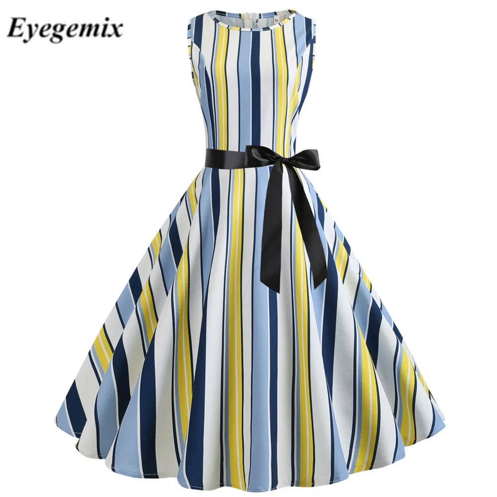 

Women Striped Print Retro Summer Dress 1950S 60S Vintage Robe Femme Pin Up Dress Casual Elegant Sleeveless Party Dress Plus Size