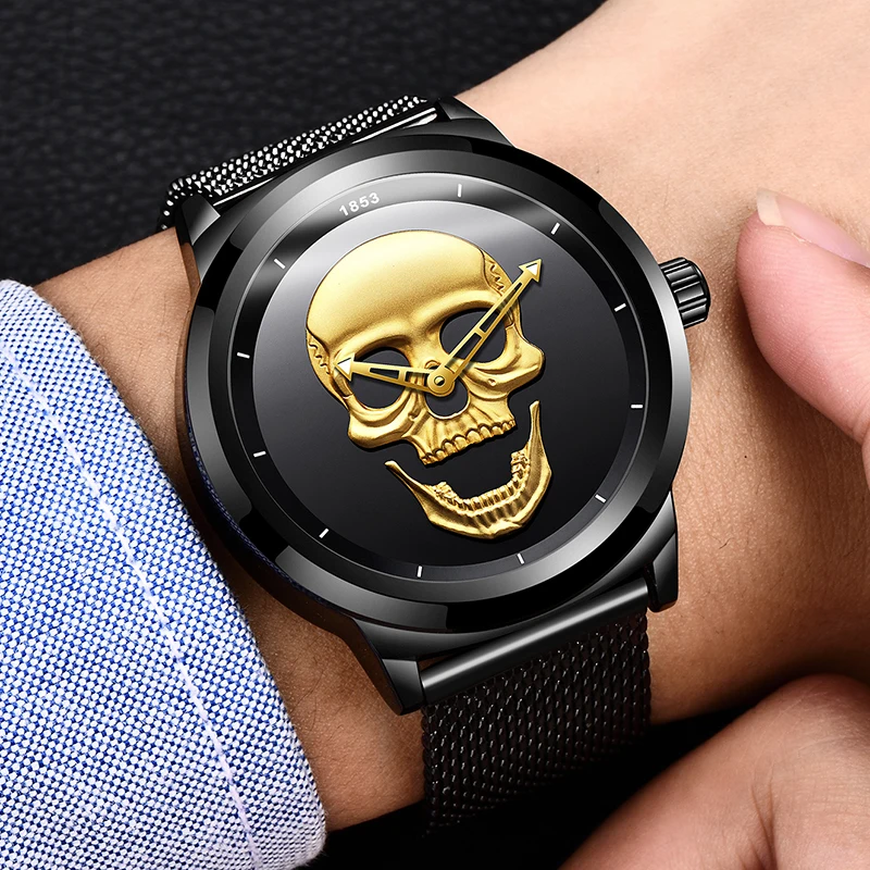 

Skull Watches Male Unique Design Men Watch LIGE Luxury Brand Sports Quartz Military Steel Wrist Watch Men relogio masculino+box