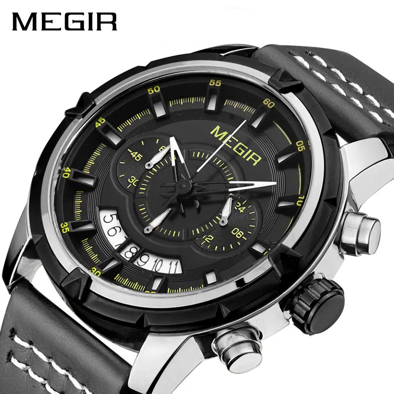 Cena MEGIR Sport mężczyźni kwarcowy zegarek wielofunkcyjny chronograf moda zegarki zegar mężczyźni Relogio Masculino ze skórzanym paskiem 2047