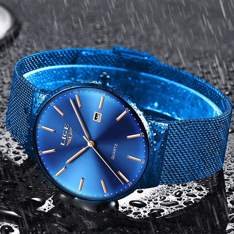 Preise Relogio Masculino Neue Herren Uhren LIGE Top Marke Luxus Mode Uhr Dünne Mesh Datum Wasserdicht Quarzuhr Für Männer Blau uhr