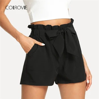 

COLROVIE Self Belted Ruffle Casual Shorts 2018 New Black Knot Basic Summer Shorts Mid Waist Women Shorts Frill Streetwear Shorts
