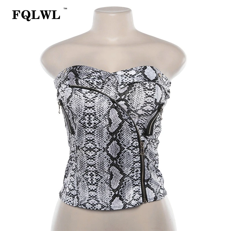 FQLWL, змеиный принт, сексуальный укороченный Топ для женщин, без бретелек, с открытой спиной, с открытыми плечами, женские топы, уличная одежда, бюстье, укороченный Топ для женщин
