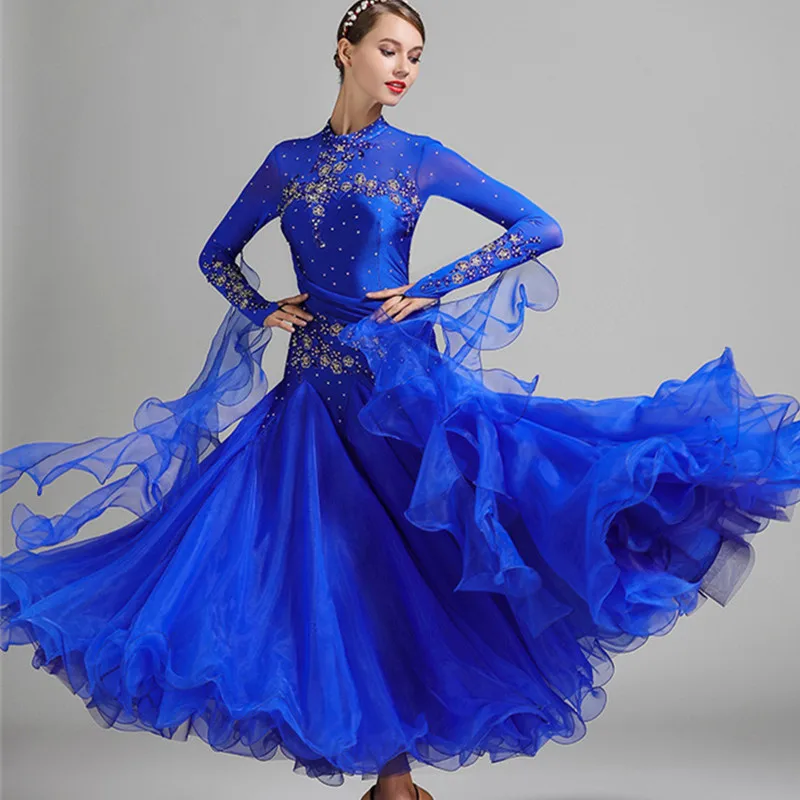 9color Standard Ballroom Dance Competition Dresses Rhinestone Marine Costumes For Women Tango/Waltz Dresses Modern Dance Costume