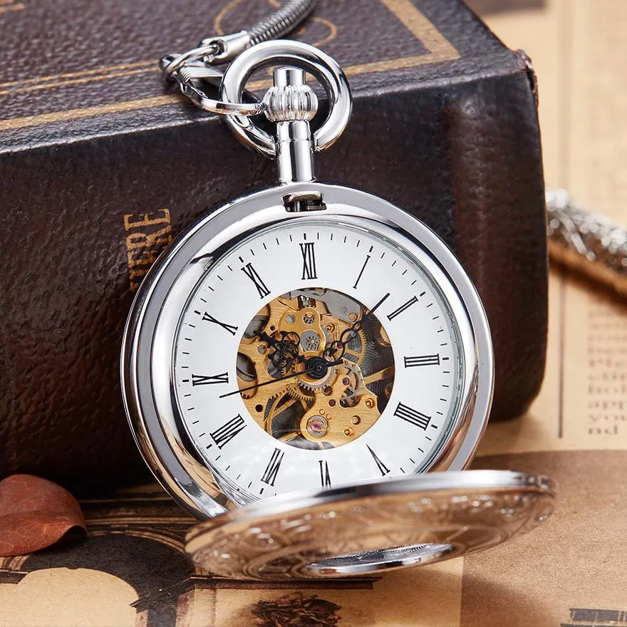 Бронзовые Механические карманные часы с цепочкой ручной обмотки Fob часы без батарея часов мужские серебристые римские цифры гравированные