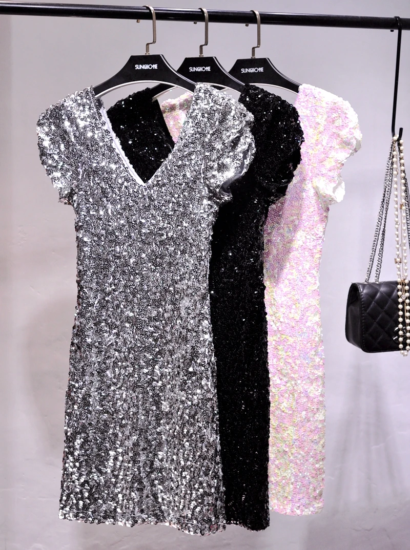 

New Spring Summer Fashion Ladies Sexy Sequins Short Sleeve Dress Bling Bling V Neck Short Mini Dress Women Night Club Gown Dress