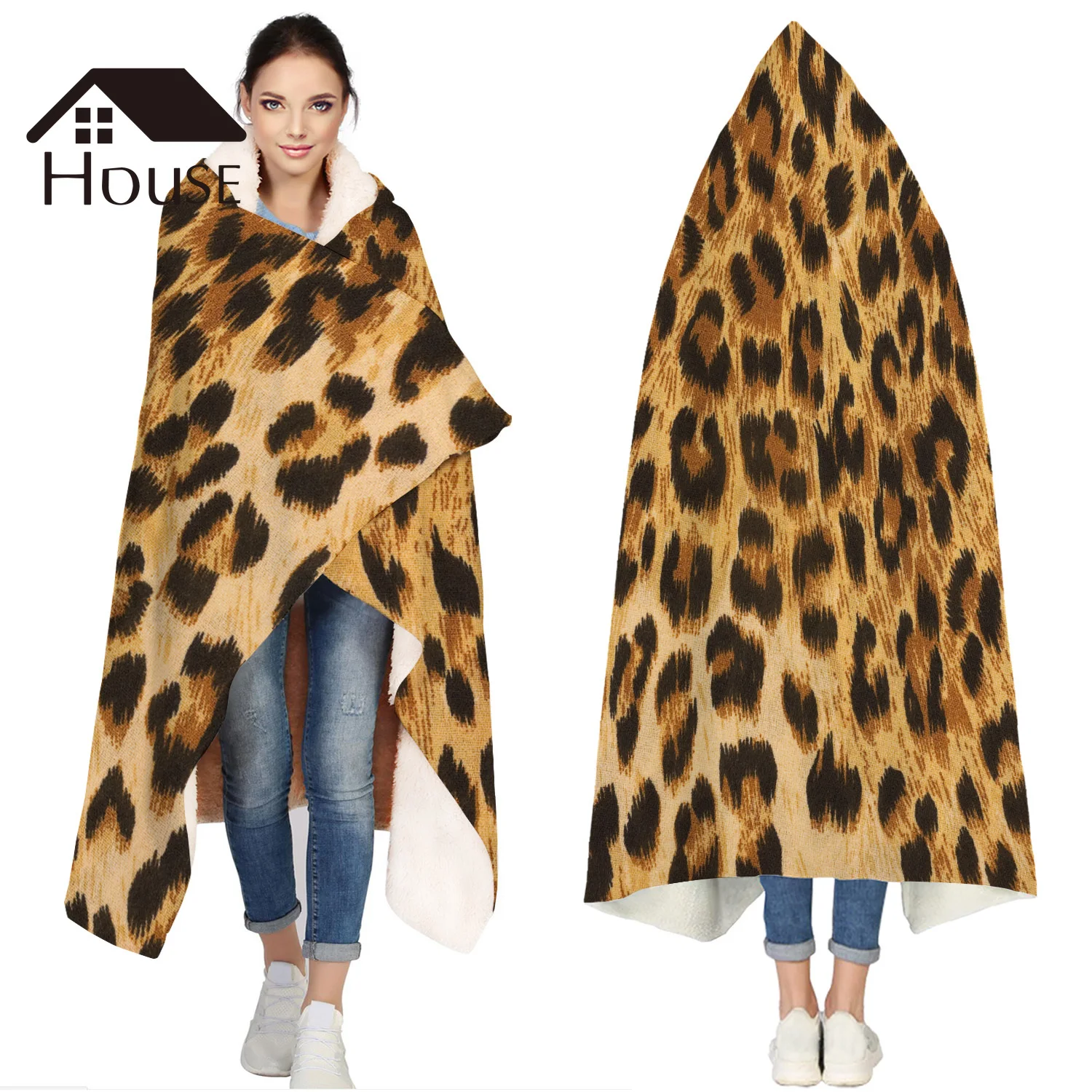 

Portable Wearable Fluffy Custom Hooded Blanket Wild Animald Leopard Fleece Hooded Throw Blanket