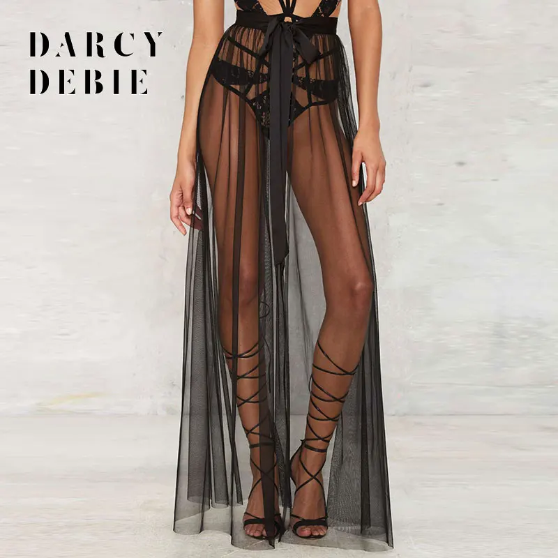 

Darcydebie Sexy Sweet Women High Waist Side Split Solid Black Mesh Semi Sheer Slim A-Line Elegant Female Casual Skirts
