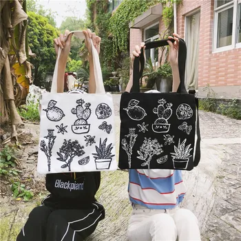 

New woman Canvas handbags pineapple cactus print Graffiti shopping bag shoulder Beach Bag sacs main femme bolsas Totes de mujer