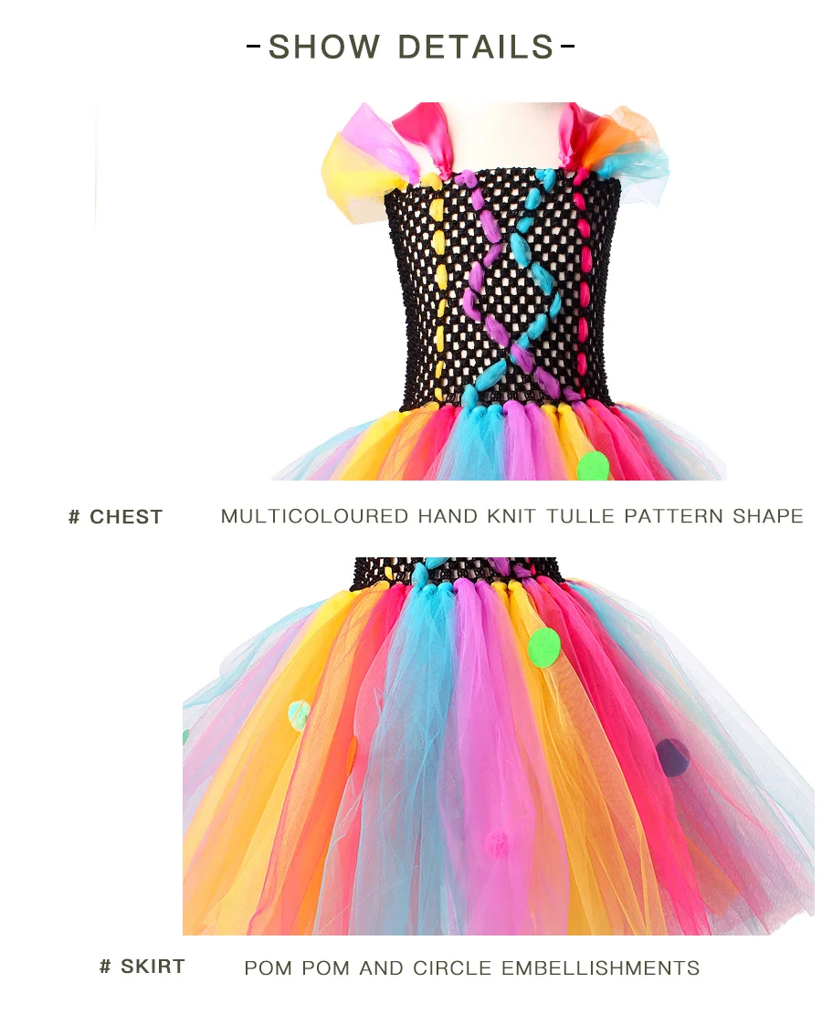 Funky Coloured Clown Style Girls Tutu Dress Circle Embellished Children Tulle Dress for Halloween Parties Role Play Fancy Dress (9)