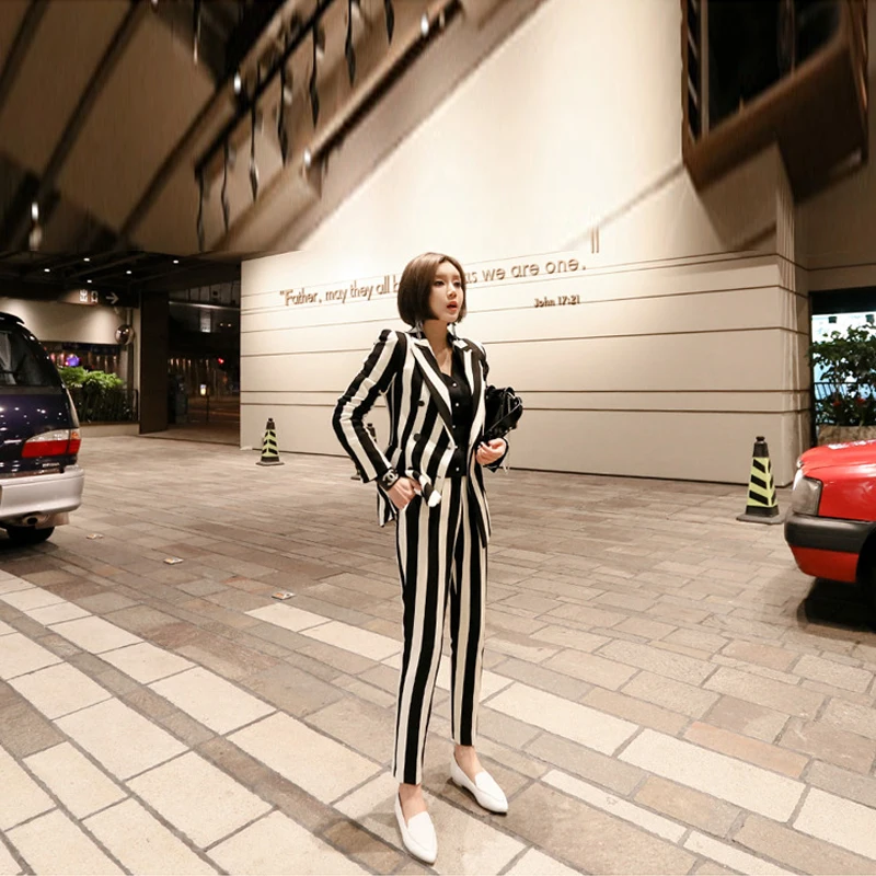 New fashion autumn women's OL professional temperament double-breasted fashion warm striped blazer slim pants two-piece set