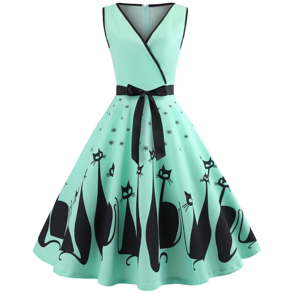 

Elegant dress Women cute Cat Printed party dress Summer Spring 2019 New fashion Sexy V Neck Sleeveless Retro Dress vestidos