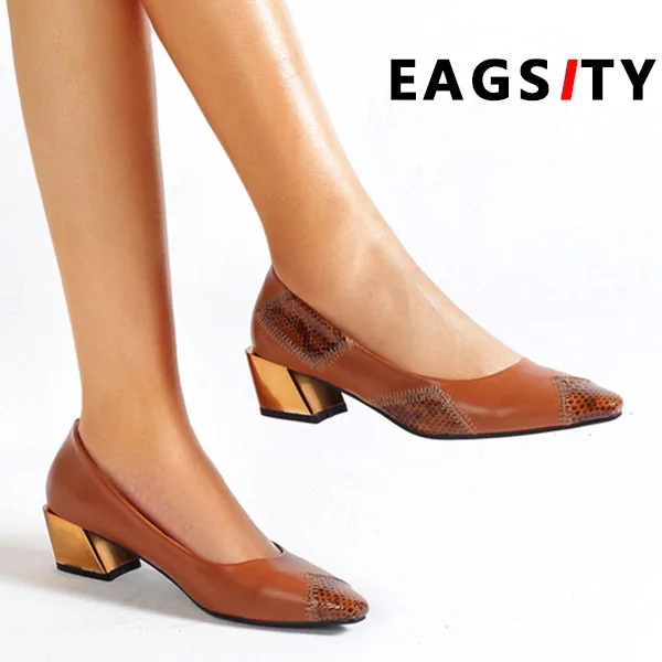 

EAGSITY Sexy Pumps women shoes block heel brown pointed toe slip on fashion ladies dress shoes wedding party casual retro