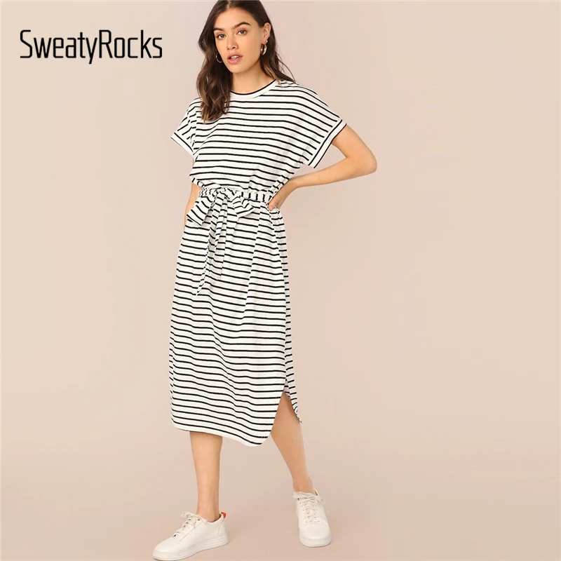 

SweatyRocks Slit Hem Striped Tied Waist T-shirt Dress 2019 Summer Streetwear Belted Midi Dresses Women Casual Short Sleeve Dress