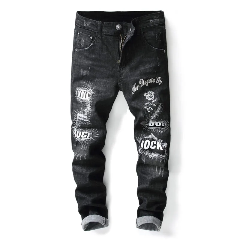 Black Color Denim Men Jeans High Quality Retro Hole Spliced Stretch