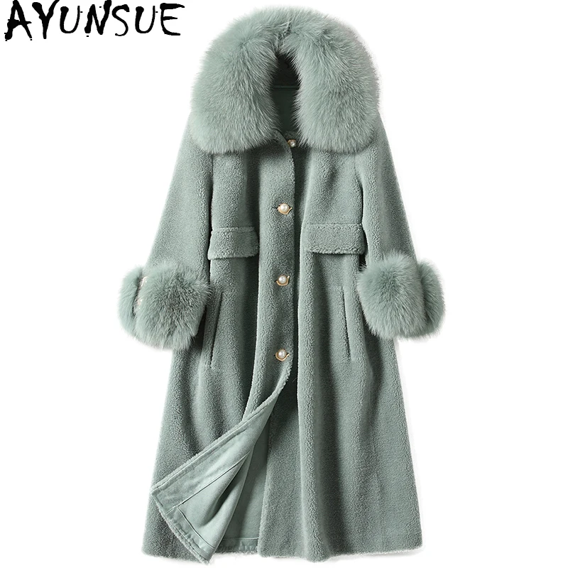 AYUNSUE Natural Fox fur Collar Real Wool Fur Coat Female 2018 Fashion Sheep Shearing Coats Long Warm WInter Jacket Women WYQ1956 | Женская