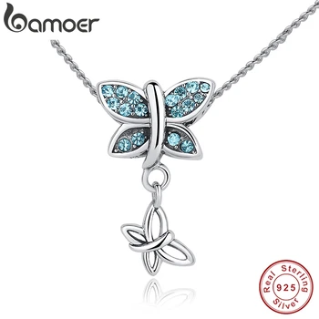

BAMOER New Fashion 925 Sterling Silver Blue Crystals Butterfly Pendant Necklace for Women Engagement Fine Jewelry CC030