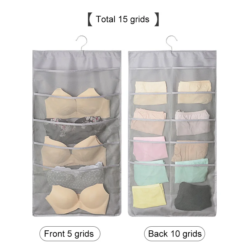 Подвесная сумка для хранения нижнего белья сетка для хранения сумка органайзер для шкафа, гардероба двухсторонняя вида носки для хранения нижнего белья 30 карманы - Цвет: 15 grids grey