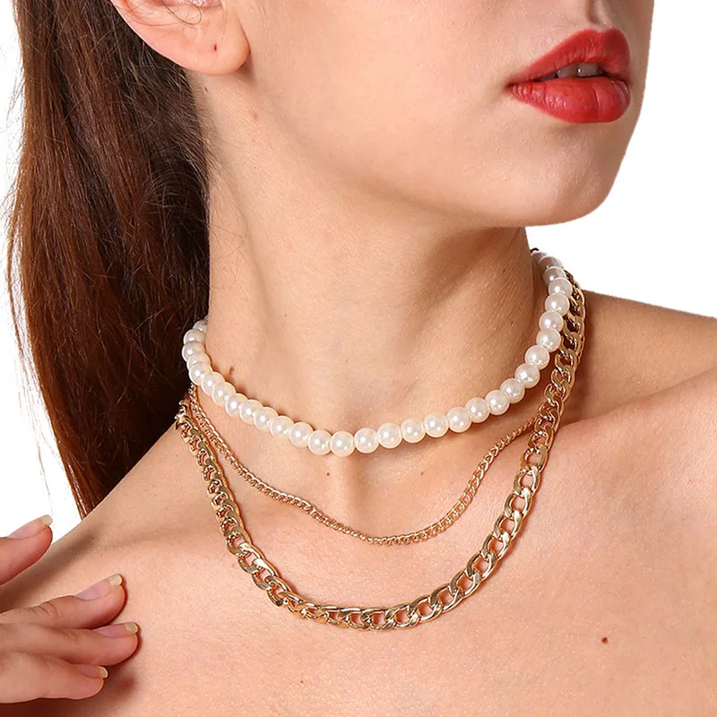 

Fashion Exaggerated Thick Chain Simulated Pearl Choker Necklace for Women Multilayer Statement Necklaces Collar Jewelry YN544