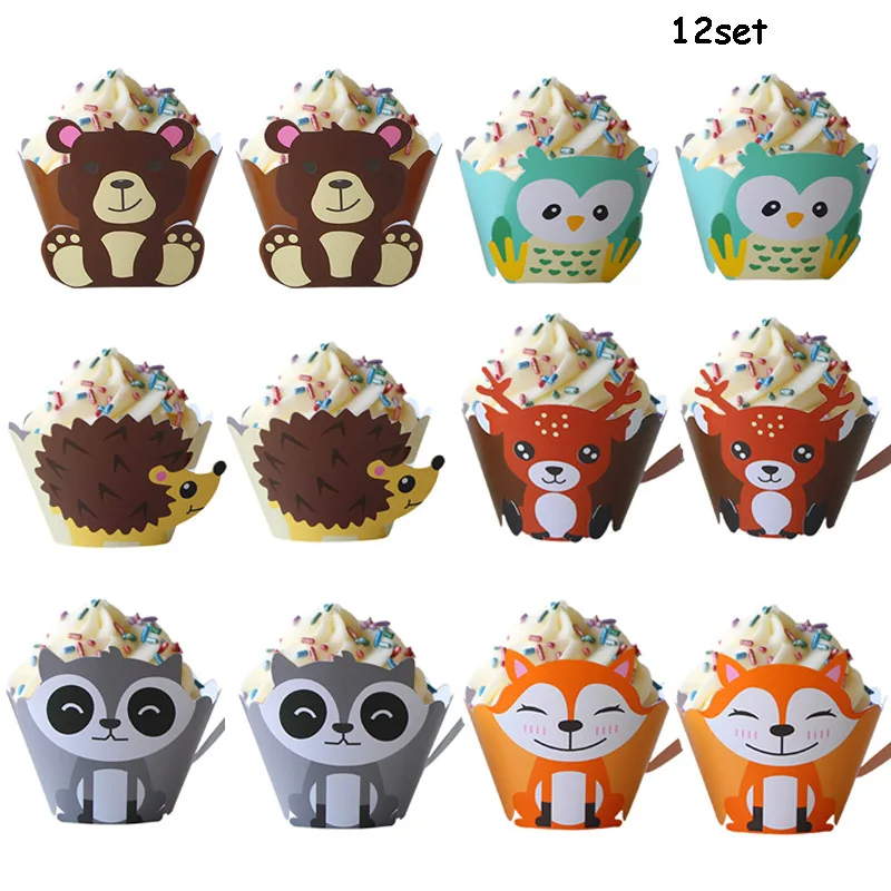 jungle party animal cupcake wrapper topper boy birthday party decorations kids cake topper Owl fox bear baby shower decor