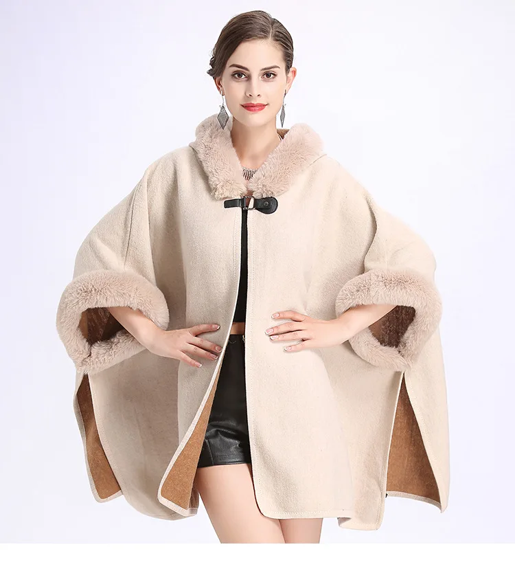 RUNMEIFA/ г. Модный осенне-зимний Кардиган с искусственным кроличьим мехом и воротником, плащ с капюшоном, шали, двойное пальто