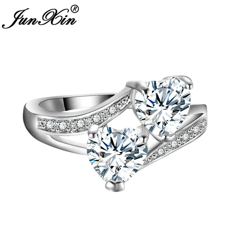JUNXIN Rainbow Stone Double Heart Rings For Women 925 Sterling Silver Filled aaa Zircon Royal Blue/Purple Birthstone Ring Female
