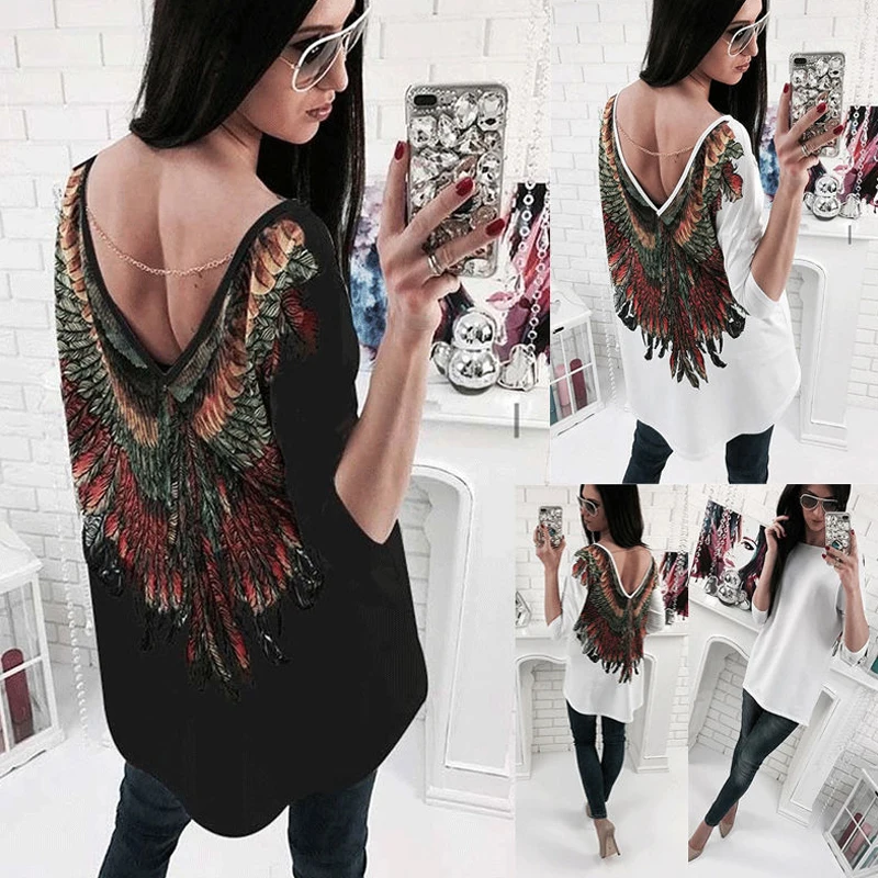 2018 Women Feather Print T shirt Harajuku Sexy Backless Deep V Wings Long Sleeve Loose Tees Top Casual White Black T-shirt Blusa