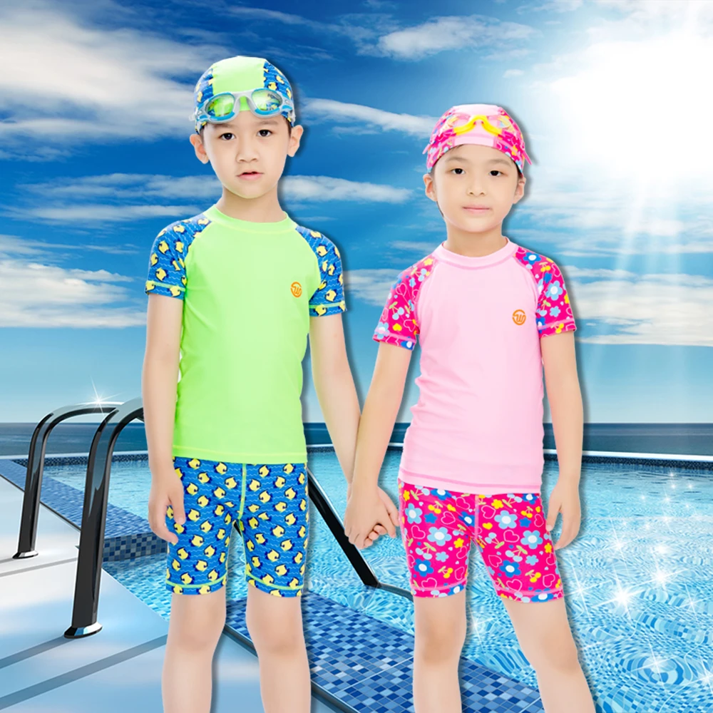 Купальный костюм с короткими рукавами и принтом для девочек и мальчиков, детские купальники с защитой от УФ-лучей, 50+ 3 предмета, детские пляжные купальные костюмы для малышей