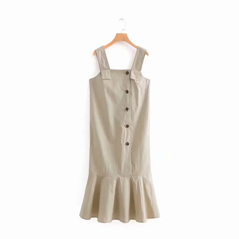 

QZ874 Women Brief Khaki Color Buttons Deco Suspender Dress Elegant Ruffled Bottom Dresses Vestidos