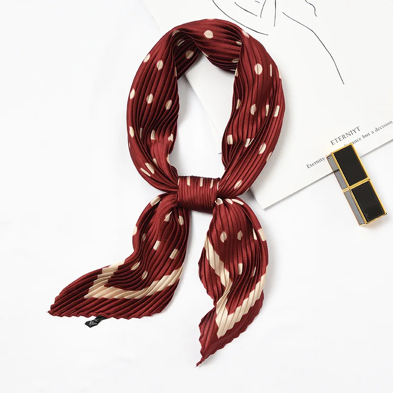 55x55cm Pleated Small Square Scarf Satin Silk 2019 New Leopard Dot Crinkle Bandana Hair Head Neck Wrap Bag Women Handkerchief